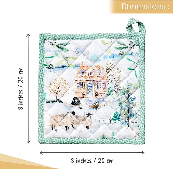 Maison d' Hermine Pot Holders Set 100% Cotton Heat Resistant Potholders 8" x 8" Hot Pads with Loop for Thanksgiving Christmas Decorations BBQ Cooking Baking Handling Hot Pans (Pack of 2, Snowy World)