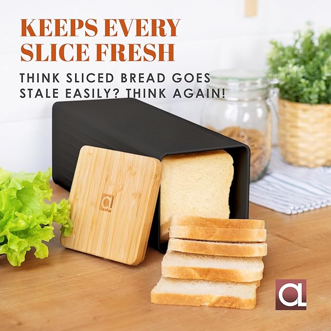 Apace Living FRESHSLICE Bread Container 2.0 | Bread Keeper with Airtight Lid | Metal Bread Box with Bamboo Lid for Homemade Bread, 5 Liter (Classic Black)