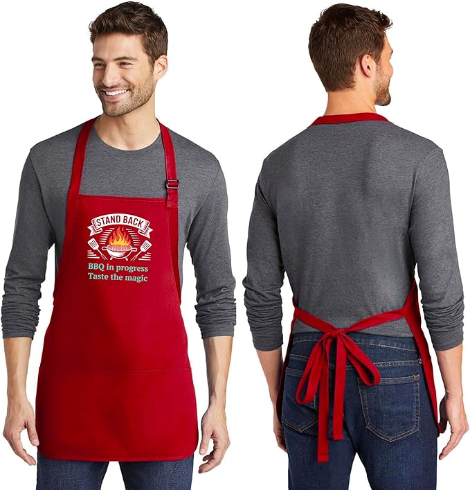 Personalized Medium Length Cooking & Grill Apron – Stand Back Design with Custom Text (1-2 Lines)