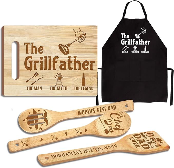 Dad Gifts, Christmas Dad Gifts from Daughter Son, Wooden Cutting Board Utensils Set with Apron, Great Daddy Christmas Stocking Stuffer Father's Day Birthday Kitchen Present
