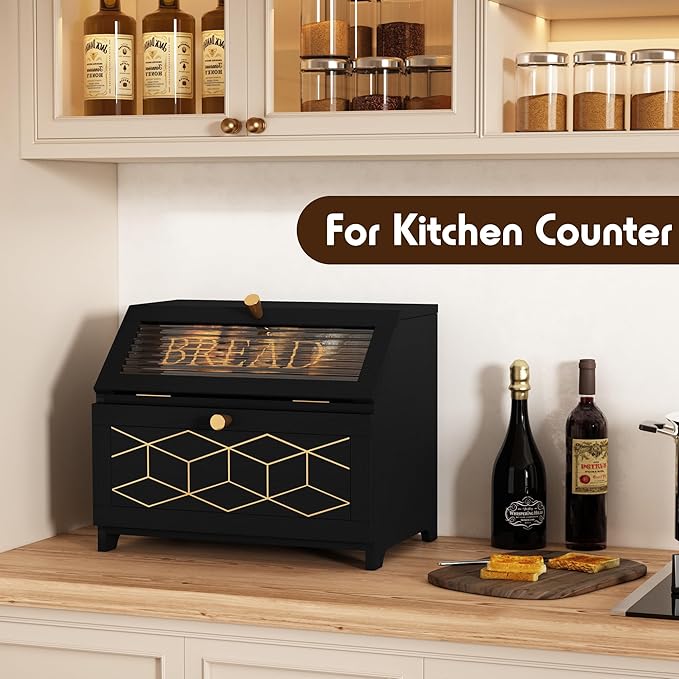 Double Layer Bread Box With Golden Trim for Countertop, Wooden Bread Container for Kitchen Counter, Corner Bread Storage (Black1)