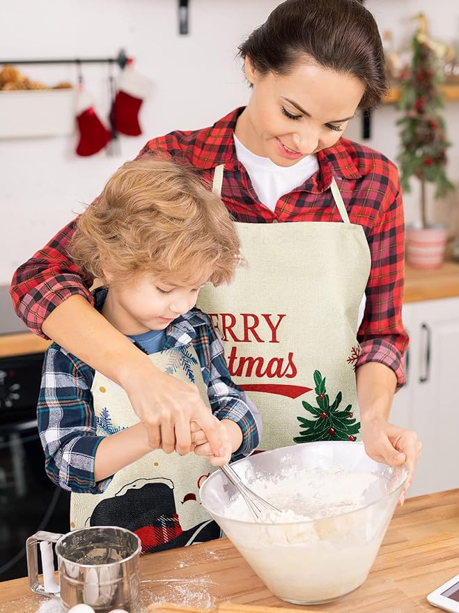 SATINIOR 4 Pcs 21.7" x 26.8" Christmas Aprons Adjustable Kitchen Aprons Xmas Plaid Merry Christmas Bib for Adults