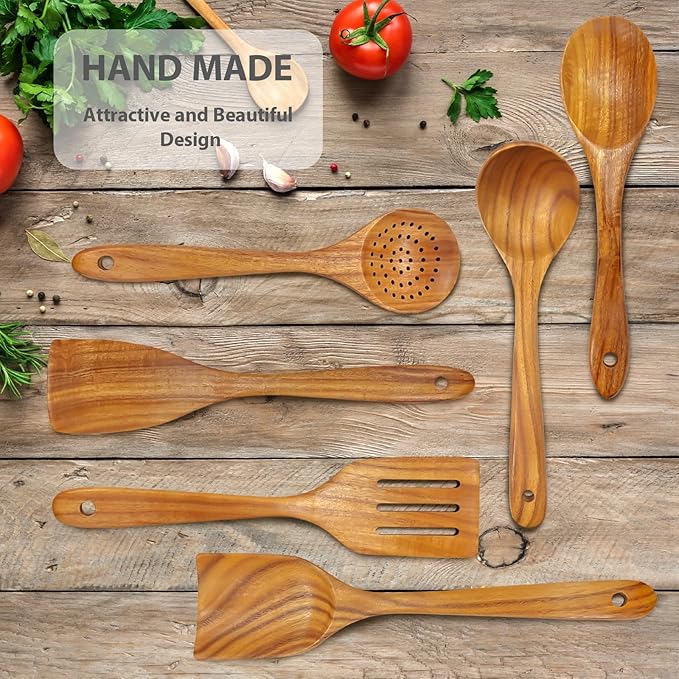 6 Piece Teak Wooden Utensil Set, Comfort-Grip Wooden Spoons for Cooking, Smooth Finish Wood Kitchen Utensils Set, Non-Stick Wood Spatula for Cooking