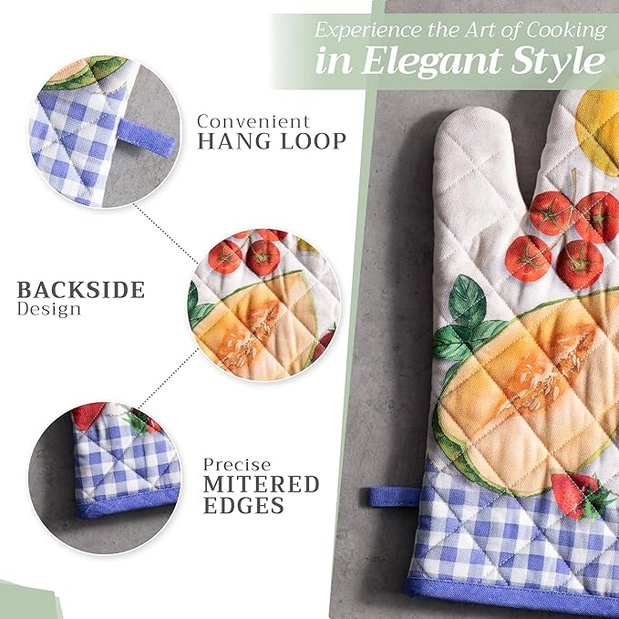 Maison d' Hermine Oven Gloves 100% Cotton Oven Mitt 7" x 13" with Loop Heat Resistant, BBQ, Cooking Gloves, Baking, Grilling, Kitchen, Handling Hot Pans Spring/Summer (Pack of 1, Gourmand)
