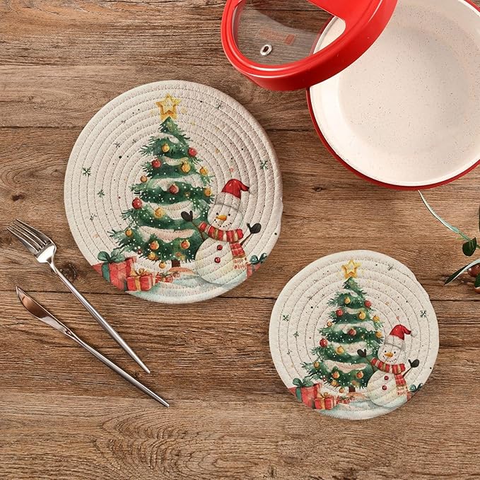 Watercolor Christmas Tree Snowman Kitchen Trivets Pot Holders Set of 2, Trivets for Hot Pots Dishes Woven Trivet Coaster Pad Mat for Counter