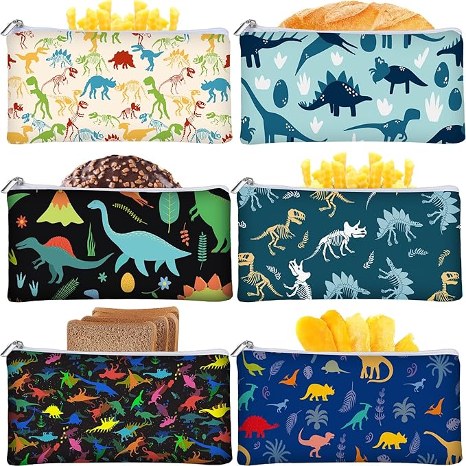 Chumia 6 Pcs Reusable Snack Bags Christmas Gifts Food Safety Washable Snack Bags Lunch with Zipper Portable Sandwich Bag Food Storage Pouch Double Layer (Dinosaur Skeleton,6.9 x 3.7 Inches)