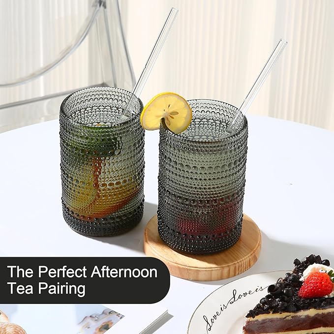 Vintage Glassware Drinking Glasses Set of 6,15 oz Hobnail Glass Cups,Embossed Grey Water Tumbler,for Beer,Cocktail,Whiskey,Juice and Various Mixed Drinks- 1 Cleaning Brush