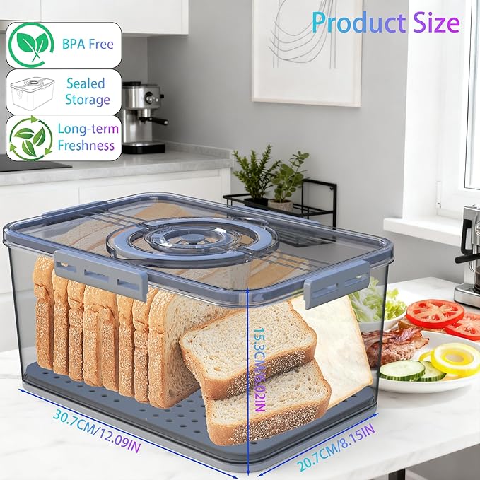Bread Box with Lid and Handle,New Upgrade Time Recording Bread Storage Container for Kitchen Counter Airtight,Portable Large Bread Boxes for Homemade Breads, Toast, Bagel, Donut and Cookies(Grey)