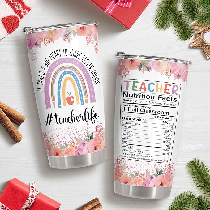34HD Teacher Tumbler with Lid, 20oz Stainless Steel Coach Life Mug, It Takes Big Heart To Shape Little Minds Cup, Unique Gifts for Teacher Appreciation Birthday Christmas School