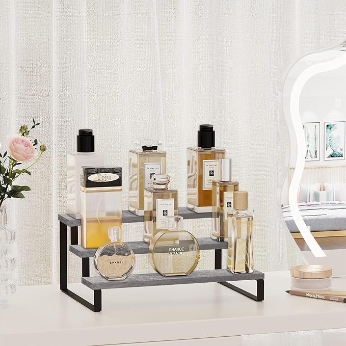YINMIT Wooden Display Riser Stand, Tiered Perfume and Cologne Organizer Stand, 3 Tier Spice Rack Organizer, Rustic Display Shelf for Candles (3 Tier,Grey)