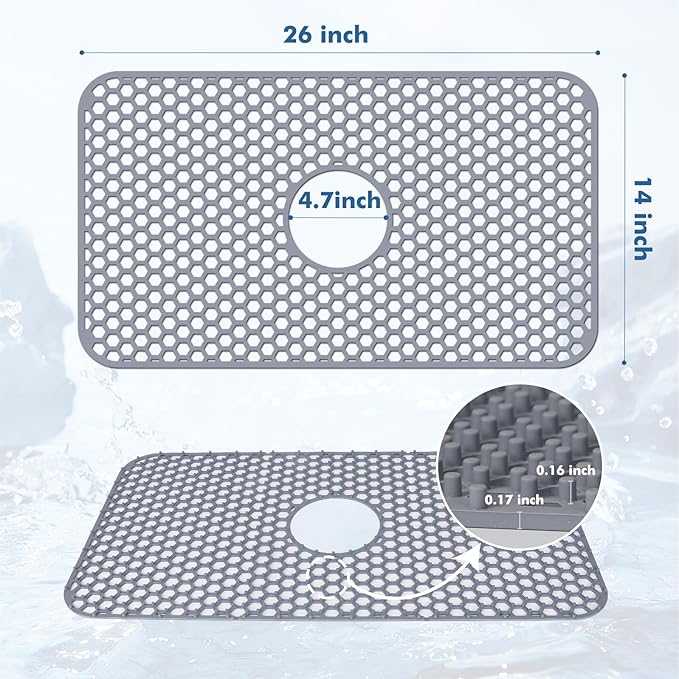 Silicone Sink Mat - Protectors for Kitchen Sink with Center Drain, 26"x 14" Kitchen Grid Accessory, Non-Slip Heat-Resistant Mat for Bottom of Farmhouse Porcelain Stainless Steel (Center Hole)