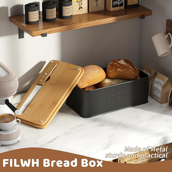 FILWH Metal Bread Box with Bamboo Cutting Board Lid, Bread Box with Bread Knife for Kitchen Countertop Countertop Storage for Homemade Bread, Bagels & Muffins (Black, M)