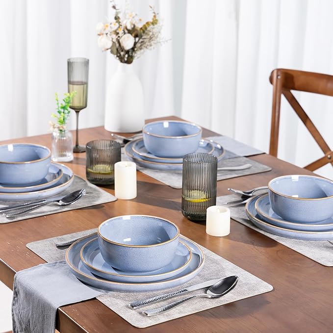 GBHOME Ceramic Dinnerware Sets for 4, 12 Pieces Stoneware Plates and Bowls Sets, Scratch Resistant Dishe Set for Dinner, Dishwasher & Microwave Safe, Brunnera Blue