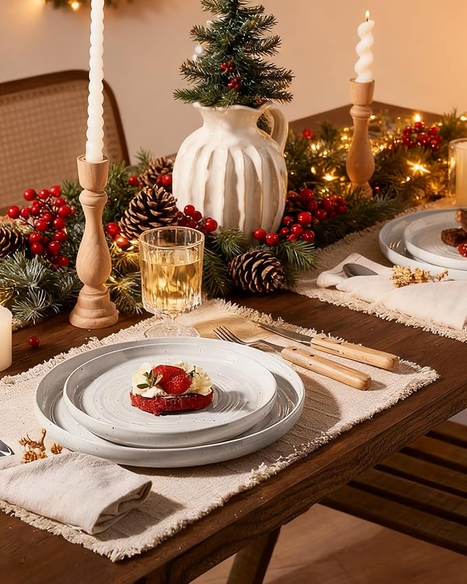Plates and Bowls Sets for 6, Famiware Premium 18-Piece Stoneware Dinnerware Set, Spiral Flared Dish Set with Speckles & Reactive Glaze - Microwave & Dishwasher Safe Tableware, White
