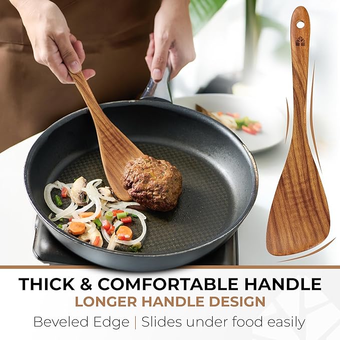 Wooden Spatula for Cooking, 12 Inch - Easy to Clean, Long-Lasting & Sturdy Natural Acacia Wood Spatula for Cooking - Wooden Spatulas with Comfortable Handle, Perfect for Flipping, Turning & Frying