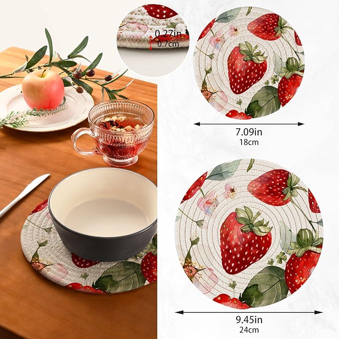 Cute Watercolor Strawberries Kitchen Trivets Pot Holders Set of 2, Trivets for Hot Pots Dishes Woven Trivet Coaster Pad Mat for Counter