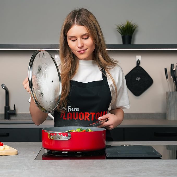 Guy Fieri's Flavortown 15-Piece Ceramic Cookware Set, Nonstick Pots and Pans for Cooking, Easy-Clean Kitchen Cookware, Made without PFAS PTFE PFOA, Induction Compatible, Oven & Dishwasher Safe, Red