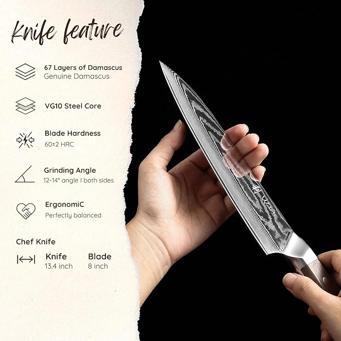 Wakoli HIK Damascus Chef Knife – Full Tang Kitchen Knife | 8-Inch Blade Made of 67-Layer Damascus Steel with VG10 Core | Walnut Wood Handle | Sharp, Durable, Gift Box Included
