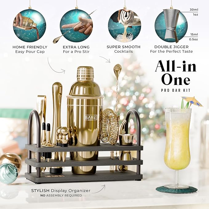 BARE BARREL® Mixology Bartender Kit Bar Set | 14-Piece Cocktail Shaker Set | Martini Barware Mixing Tools for Home Bartending | 35 Recipe Cards | Gift Set (24oz Cobbler Shaker, Gold/Black)