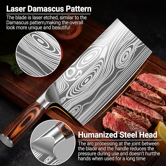 Meat Cleaver Knife Ultra Sharp Kitchen Knife 8 Inch, High Carbon Stainless Steel Butcher Knife with Wooden Handle, Chinese Cleaver for Meat Cutting Vegetable Slicing Perfect Birthday Gifts