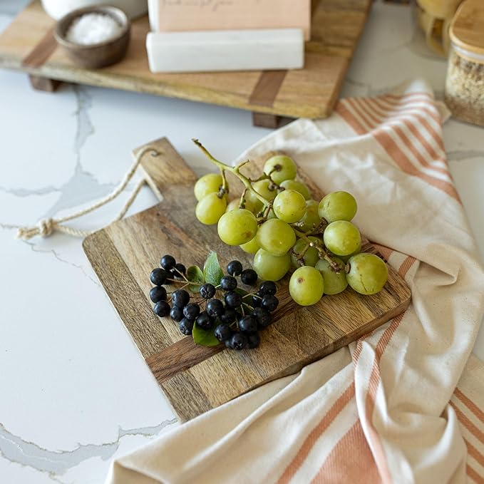 Foreside Home and Garden 8" x 11" Kaila Small Premium Natural Mango Wood Serving Board Paddle w/Knotted Jute All Seasons Food Safe Dinner Dining Brunch Kitchen Charcuterie Cheese Fruit Platter Party