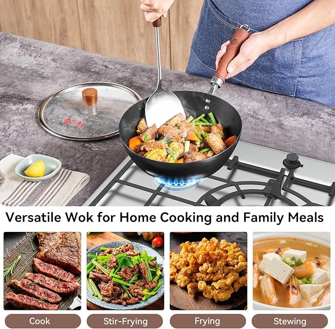 WANGYUANJI 10.24 Inch Iron Wok with Glass Lid, Flat Bottom Uncoated Wrought Iron Stir-Fry Pan, Deep Lightweight Wok Skillet with Wooden Handle for Gas, Electric & Induction Cooktops