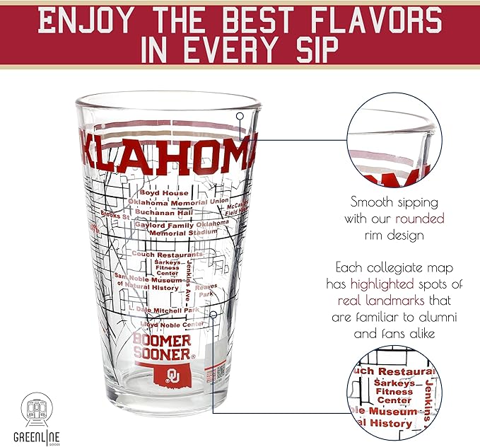 Greenline Goods – University of Oklahoma Sooners College Pint Beer Glasses (Set of 2), 16 oz – Full-Color Logo + Campus Map