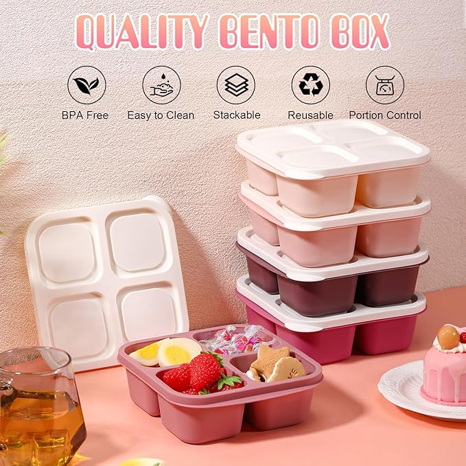 Honeydak 5 Pack Snack Containers 4 Compartment Bento Snack Boxes Reusable Lunchable Containers with Lids Divided Meal Prep Lunch Food Storage Box for School Work Travel(Rose Red Ombre,Equal)