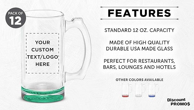 12 Libbey Beer Mugs Set, 12 oz. - Customizable Text, Logo - Groomsmen Glassware - Green
