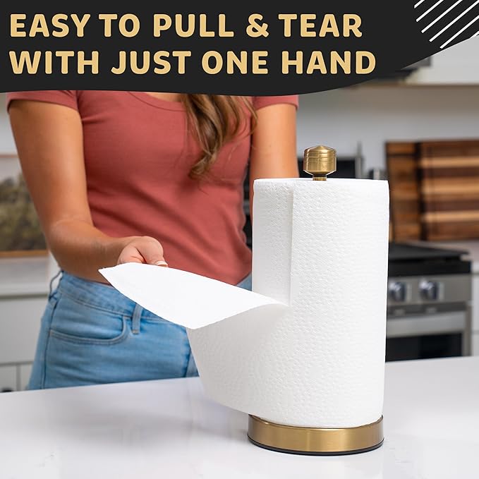 Dear Household Stainless Steel Paper Towel Holder Easy One-Handed Operation - This Sturdy Weighted Paper Towel Dispenser Countertop Model Has Suction Cups and Holds All Paper Towel Rolls - Gold