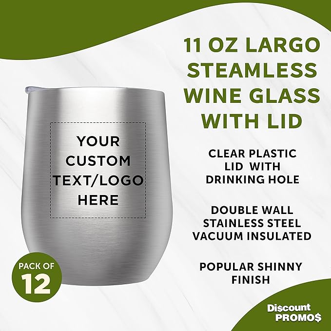 Custom Stemless Wine Glass Tumblers with Lids by Largo 11 oz. Set of 12, Personalized Bulk Pack - Perfect for Wine, Cocktails, Other Hot & Cold Beverages - Silver
