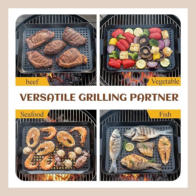 3 Pack Grill Topper Pans for Outdoor Grill Stainless Steel Nonstick Grilling Baskets with Holes and Handles Heavy Duty Perforated Grilling Tray Barbecue Accessories for Vegetable, 2 Size