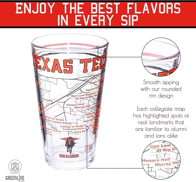 Greenline Goods – Texas Tech University Red Raiders College Pint Beer Glasses (Set of 2), 16 oz – Full-Color Logo + Campus Map