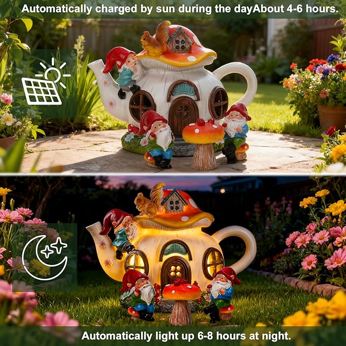 Solar Fairy Garden House Lights - Mushroom Teapot Gnome House Statue Set with 2 Mini Gnomes and 1 Mushroom Figurines, Outdoor Garden Decor, Gift for Gardeners and Moms (Set)