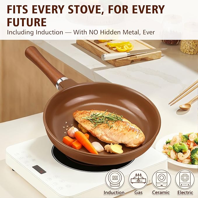 Pure Ceramic Frying Pan Skillet, One-Piece Construction Ensures No Coatings & No Metal, SGS-Certified Non-Toxic, Naturally Nonstick for All Cooktops, 10-inch (Brown)
