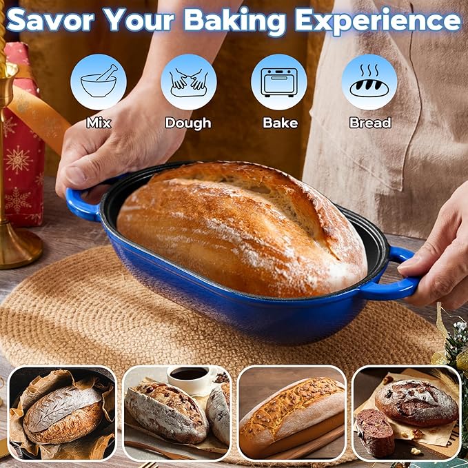 Onader 2.8QT Enameled Cast Iron Dutch Oven, Dutch Oven Pot with Lid for Sourdough Bread Baking, Oval Meatloaf Pan, Heavy Duty - Blue