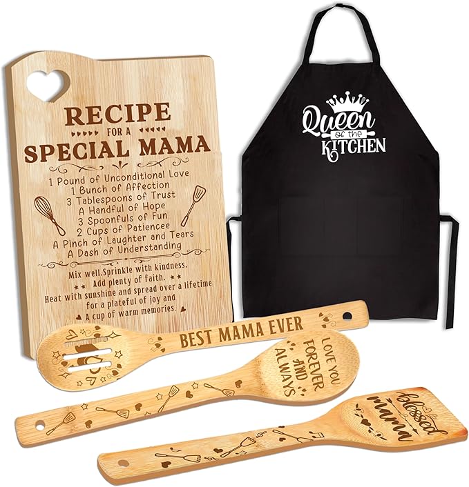 Mama Gifts, Christmas Mom Gift Idea, Gift for Mom Wooden Cutting Board with Cooking Utensils Set with Apron Set, Happy Mothers Day Mom Kitchen Present
