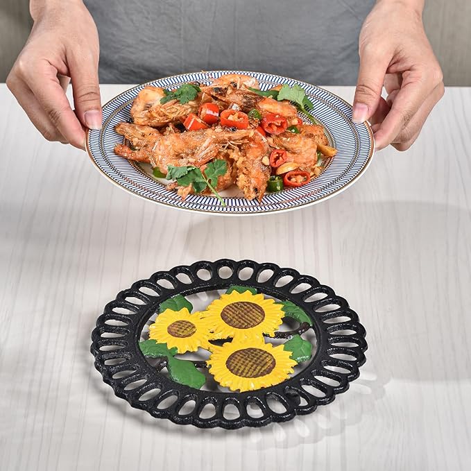 Sungmor Heavy Duty Cast Iron Trivet,Decorative Painting Trivet for Kitchen or Dinning Table,7.5x7.5 Inch - Round with Vintage Lovely Sunflower Pattern