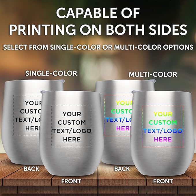 Custom Stemless Wine Glass Tumblers with Lids by Largo 11 oz. Set of 12, Personalized Bulk Pack - Perfect for Wine, Cocktails, Other Hot & Cold Beverages - Silver