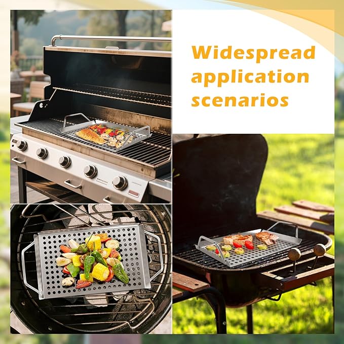 11 x 7 Inch Nonstick Grill Tray with Handles,Perforated Stainless Steel Grill Pans for Outdoor Grill,Heavy Duty Grilling Accessories for Charcoal Gas Grills,Easy to Use and Clean