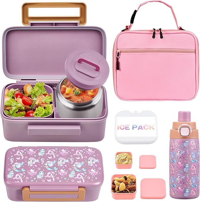 MAISON HUIS Bento Box for Kids with 8oz Soup Thermo, Insulated Lunch Bag & 17oz Water Bottle, 2-Compartment Bento Box with Built-In Ice Pack, Leak-Proof & BPA-Free
