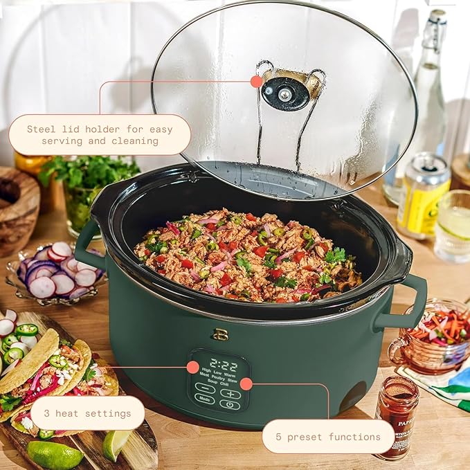 Beautiful 6 Qt Programmable Slow Cooker by Drew Barrymore - 5 Preset Cooking Functions, Digital Countdown Timer, Dishwasher-Safe Parts, and Cool-Touch Handles (Thyme Green)