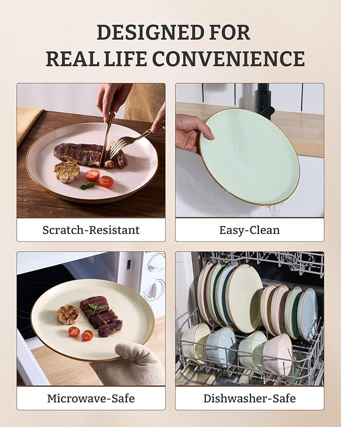 Famiware Saturn Stoneware Dinnerware Sets for 8 (24 Pieces), Ceramic Plates and Bowls Dish Sets with Hand-Painted Trim - Chip & Scratch Resistant, Microwave & Dishwasher Safe Tableware, Multi-color
