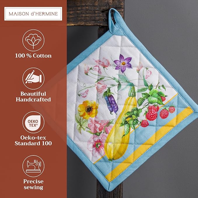 Maison d' Hermine Pot Holders Set 100% Cotton Heat Resistant Potholders 8" x 8" Hot Pads with Loop BBQ, Cooking, Baking, Grilling, Kitchen, Handling Hot Pans Spring/Summer (Pack of 2, Giverny)