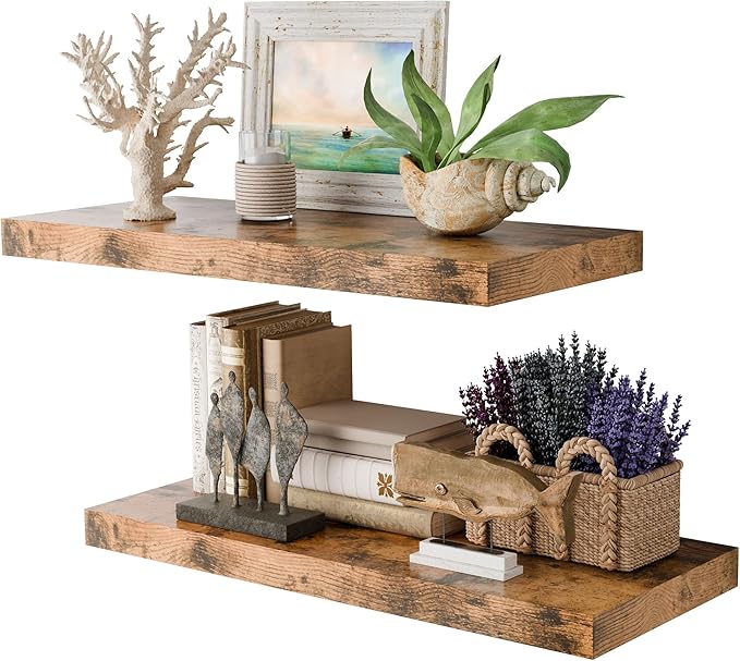 Rustic Brown 24 Inch Floating Shelves for Wall, 10 Inch Deep Floating Shelves, Wall Shelves for Bathroom Over Toilet, Live Edge Display Shelf with Invisible Brackets for Bedroom, Home Decor