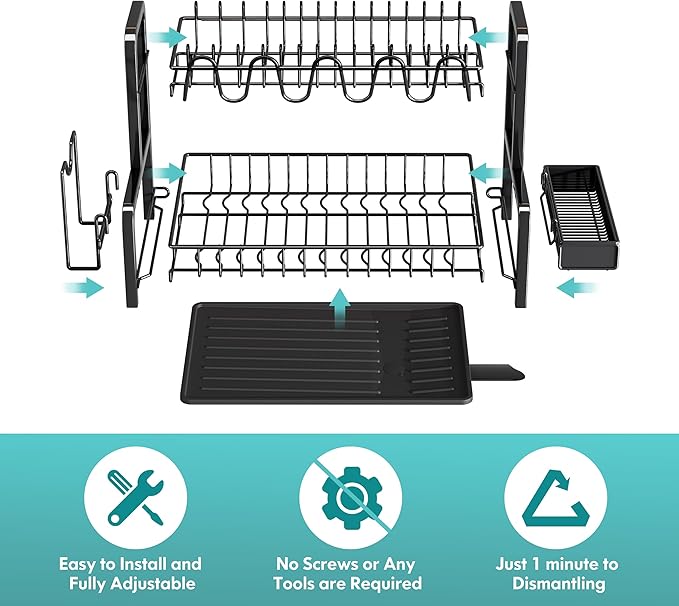 2 Tier Dish Drainers Drying Rack for Kitchen Counter Large Stainless Steel Dishes Drain with Drainboard, Space Saving, Big Modern Black Countertop Metal Plates Dryer Strainer Holder and Extra Tray