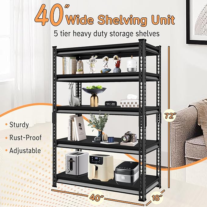 40''W Utility Garage Shelves: 2,000Lbs Heavy Duty Steel Metal Adjustable Shelving Storage Industrial Rack Units 5 Tier Black 40" W x 16" D x 78" H
