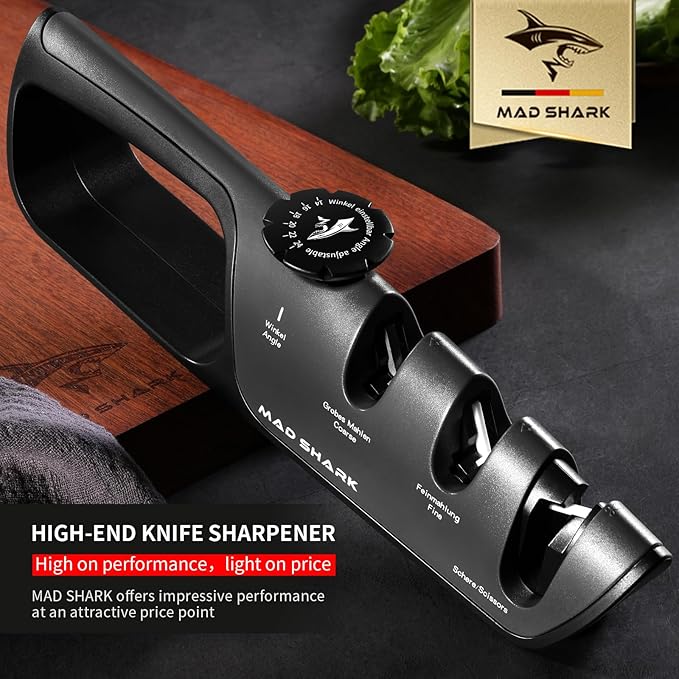 MAD SHARK Knife Sharpener, 6 Adjustable Sharpening Angle, Coarse & Fine Knife Sharpener Tool, Handheld Manual Knives Sharpener for Precision Kitchen Knives, Pocket, Scissors, Black