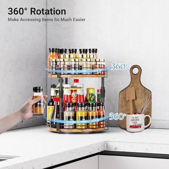Lazy-Susan-Organizer-Spice-Rack, 2-Tier Rotating Spice Organizer For Kitchen-Cabinet-Countertop-Pantry, Turntable Seasoning Holder Storage Shelf With Adjustable Height