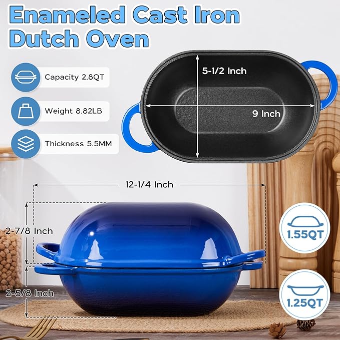 Onader 2.8QT Enameled Cast Iron Dutch Oven, Dutch Oven Pot with Lid for Sourdough Bread Baking, Oval Meatloaf Pan, Heavy Duty - Blue